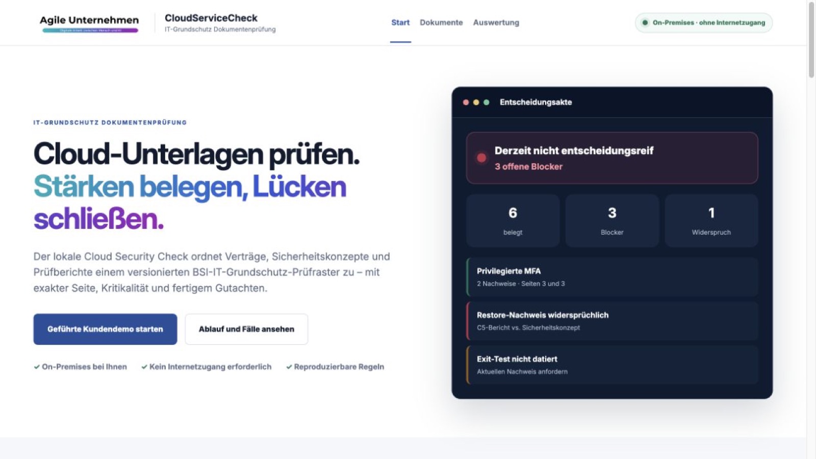 Die Startseite des BSI-Security Checks zeigt den dokumentenbasierten Prüfprozess und die lokale Verarbeitung.
