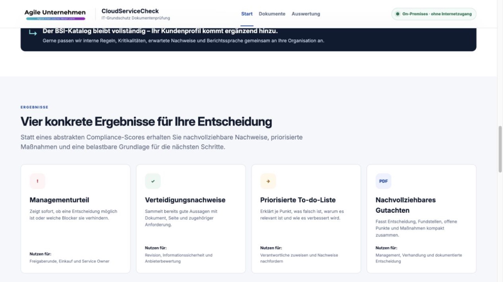 Die Ergebnisansicht übersetzt Dokumentaussagen in nachgewiesene Punkte und priorisierte Aufgaben.