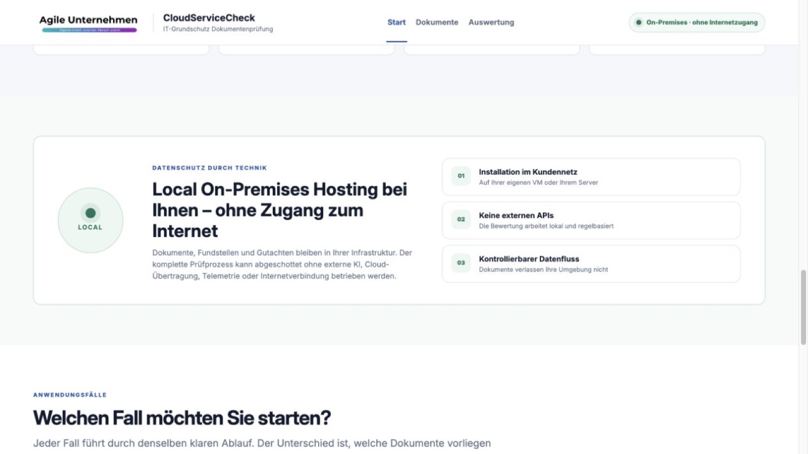 Die Landingpage beschreibt den vollständig lokalen Betrieb ohne Internetzugang und externe KI.