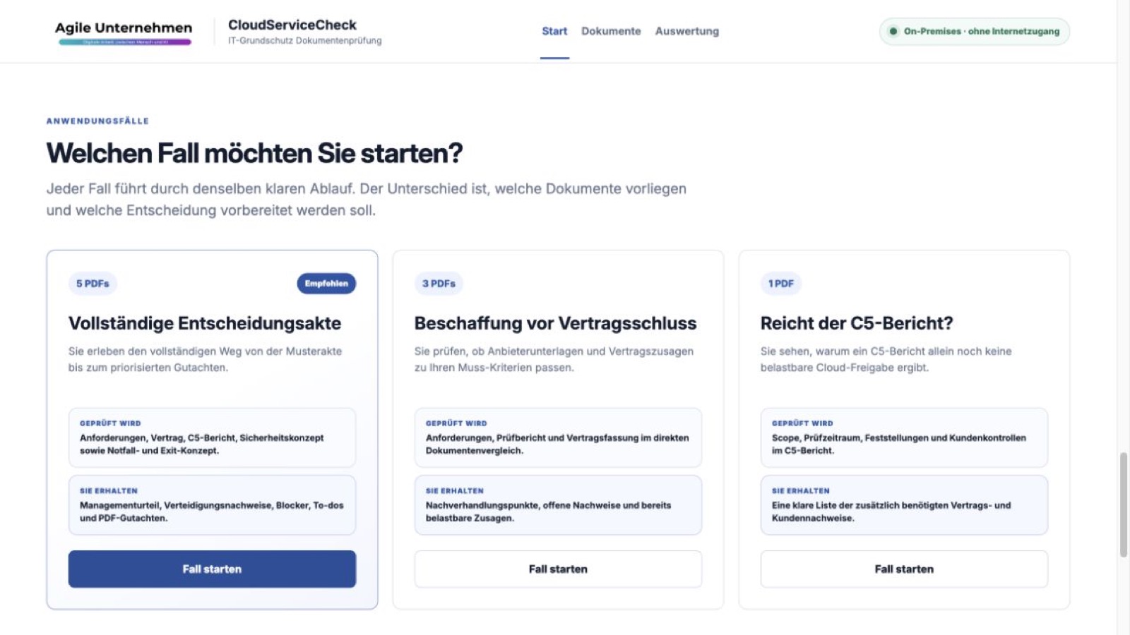 Mehrere geführte Anwendungsfälle zeigen, wie die Dokumentenprüfung für verschiedene Eingangslagen funktioniert.