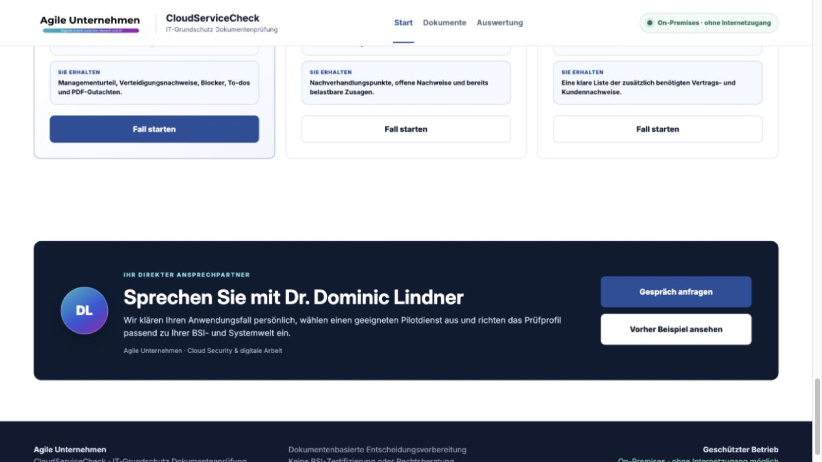 Die Landingpage führt von der Softwareprüfung zur persönlichen Klärung des konkreten Kundenfalls.