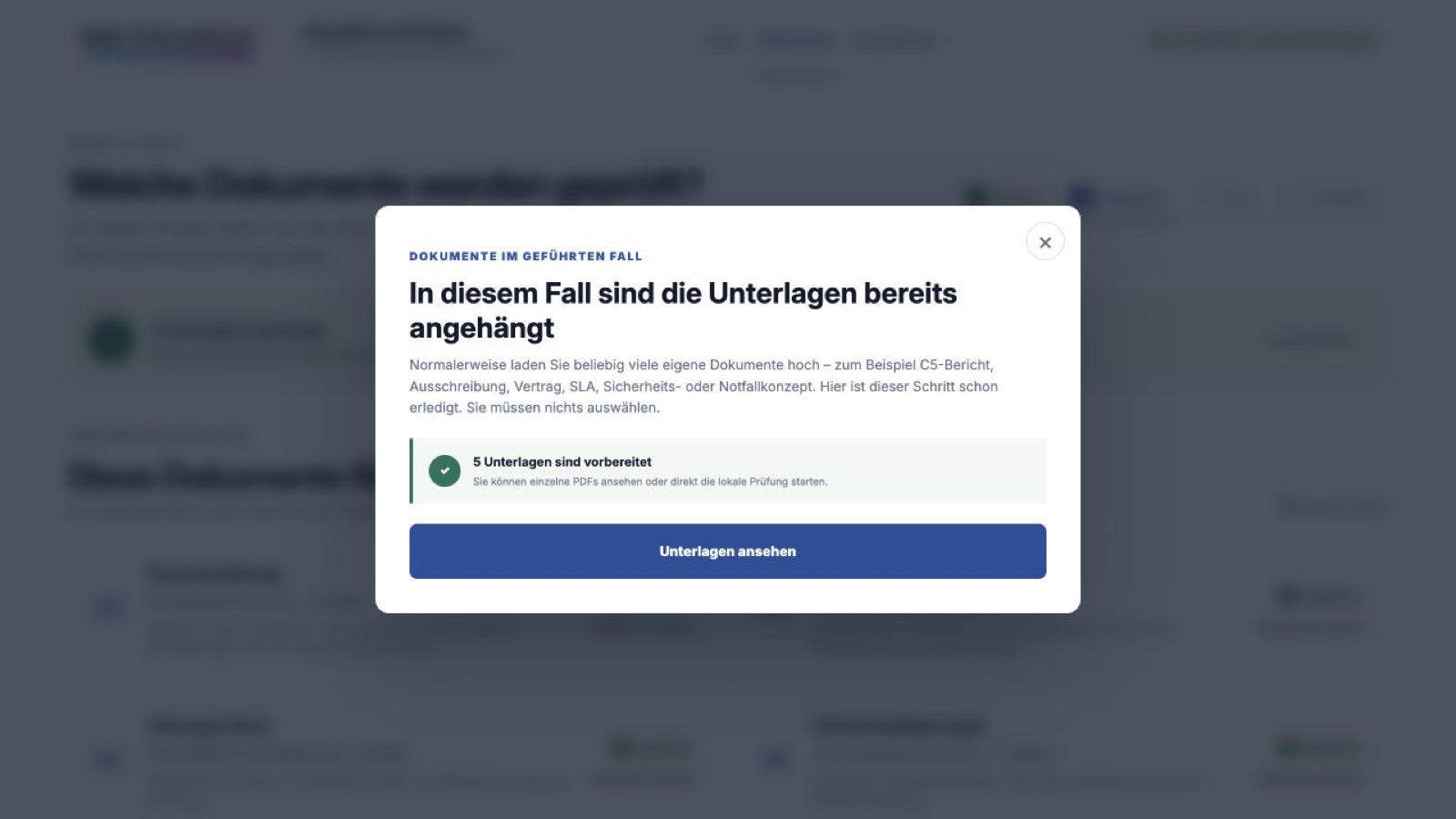 Der geführte Dokumentenschritt erklärt, welche Unterlagen im realen Einsatz hochgeladen und geprüft werden.