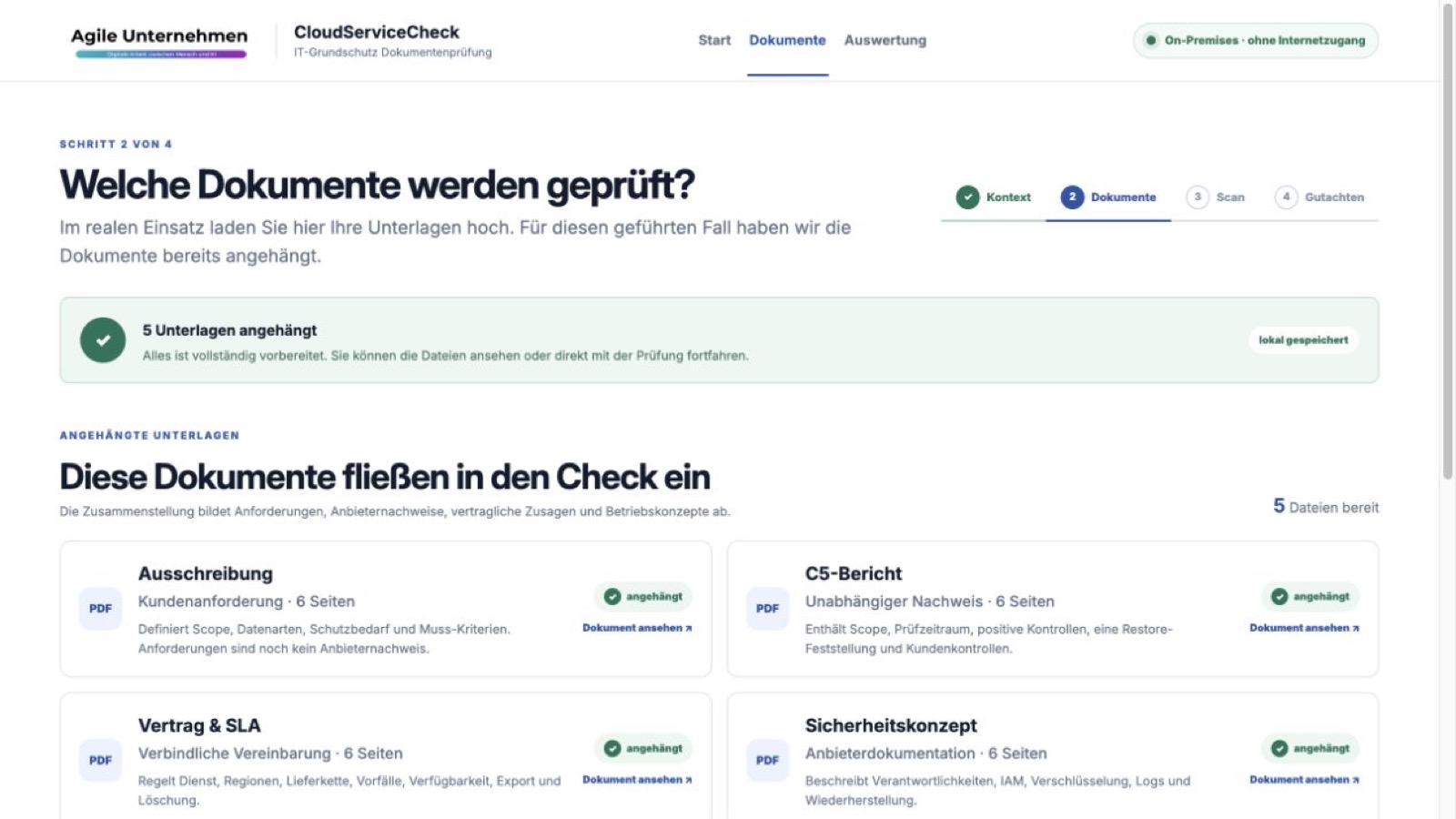 Die Demo zeigt die fünf vorbereiteten Dokumentgruppen einer typischen Cloud-Anbieterakte.