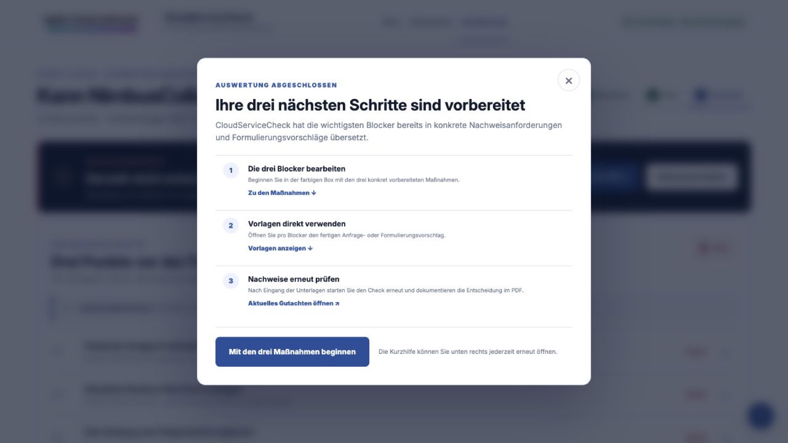 Der geführte Rundgang erklärt, wie aus den hochgeladenen Unterlagen konkrete Prüfergebnisse entstehen.