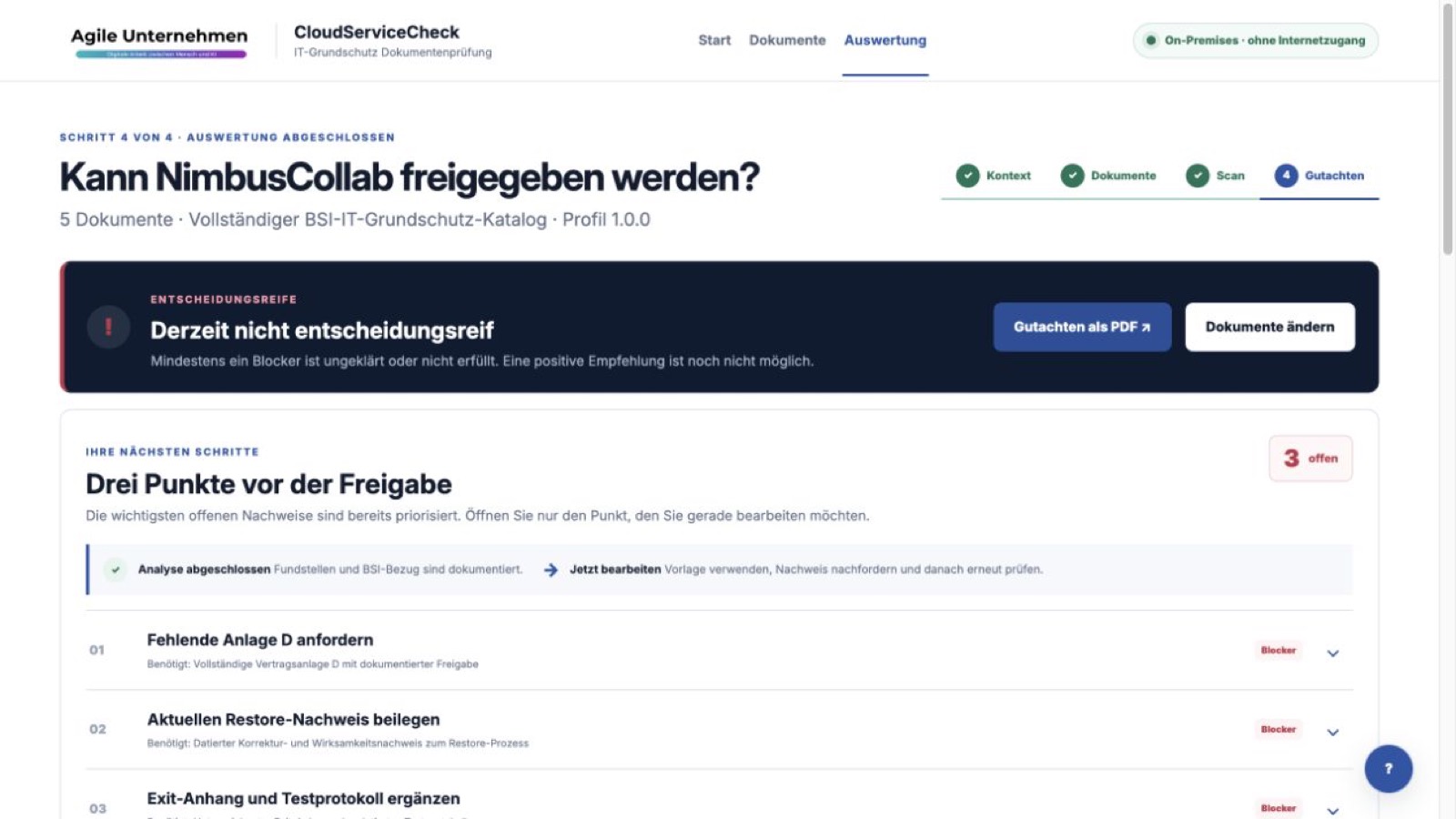 Das Managementurteil verdichtet die belegten und offenen Anforderungen, ohne die Fundstellen zu verlieren.