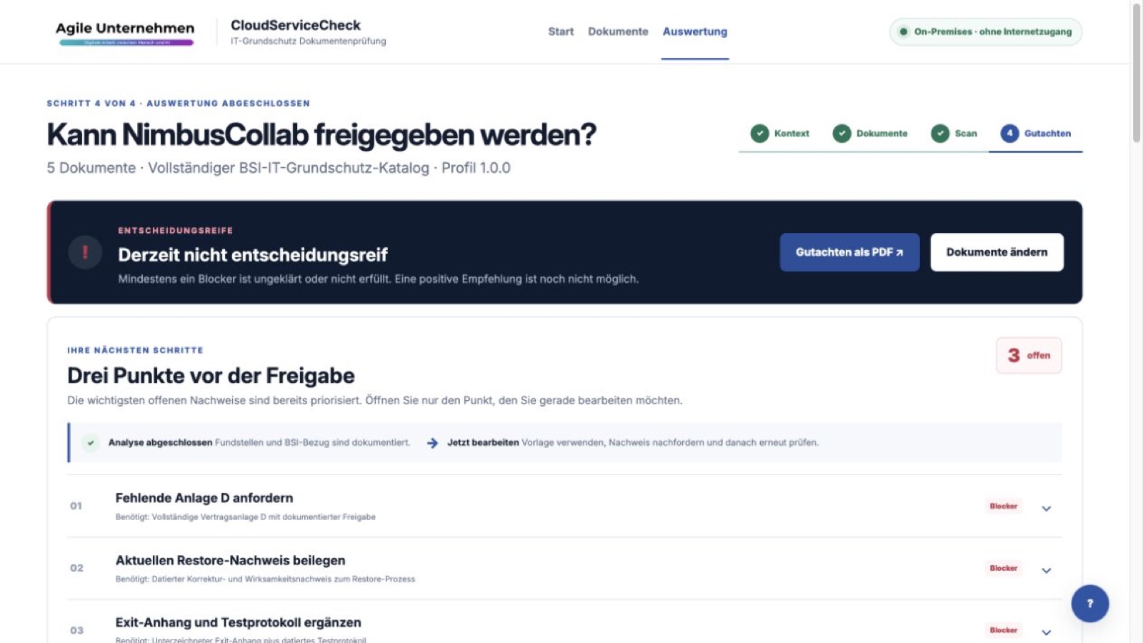 Offene Nachweise zu Wiederherstellung und Exit erscheinen priorisiert in einer eigenen Ansicht.