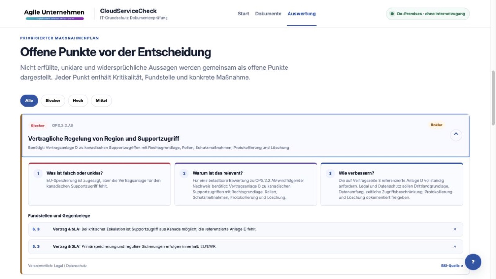 Ein geöffneter Befund zeigt Fundstellen, Problem, Verbesserung und BSI-Bezug gemeinsam.
